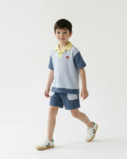 Blue BB Heart Pocket Color Block Waffle Shorts