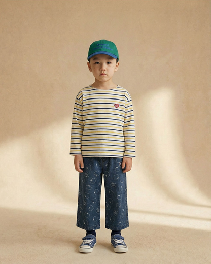 Yellow BB Heart Multi Stripe Boat Neck Long Sleeve