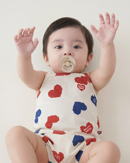 [BABY SET] Ivory Red Blue Heart Pattern Mesh Sleeveless Shorts
