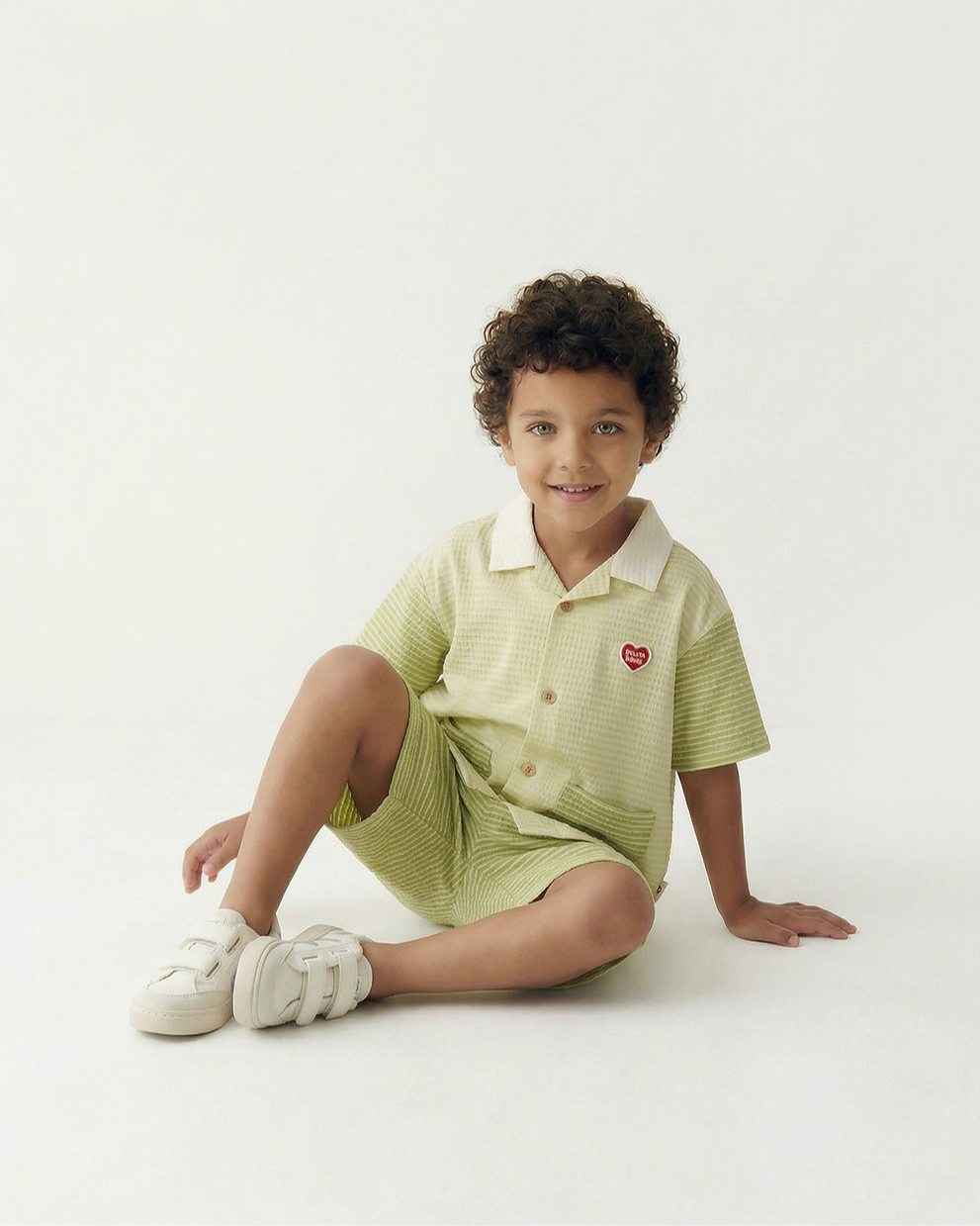 [SET] Green Color Block Polysucker Shirt & Shorts