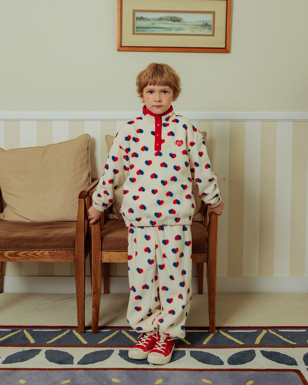 [SET] Ivory Red Blue Heart Pattern Fleece High Neck Jogger