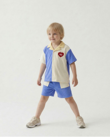 Blue Bubble Apple Color Block Terry Collar Shirt