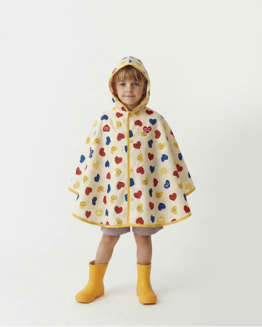 Yellow Smile Heart Pattern Rain Hoodie Poncho