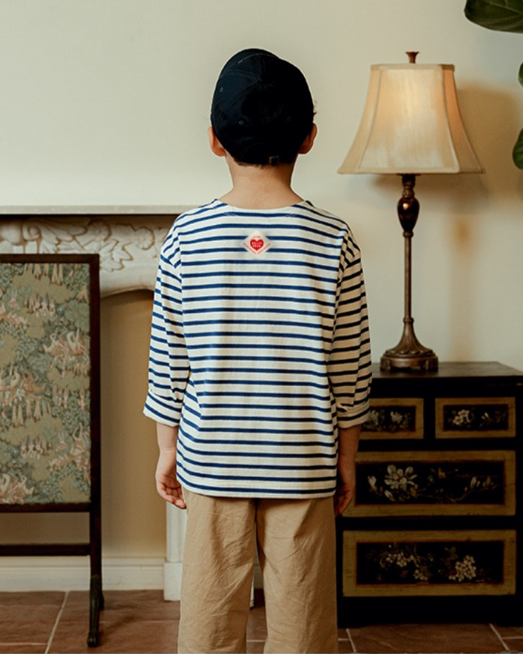 Blue Stripe BB Heart Boat Neck Long Sleeve