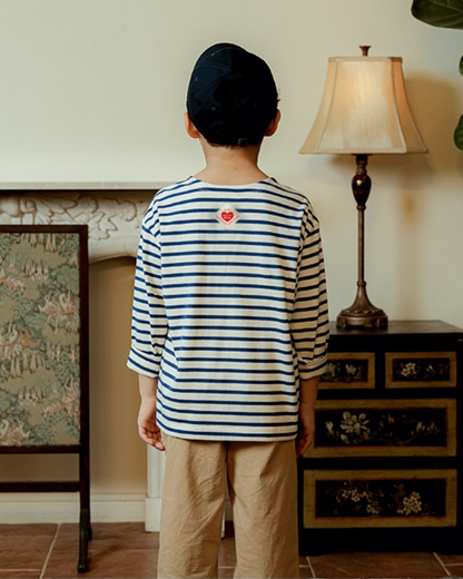 Blue Stripe BB Heart Boat Neck Long Sleeve