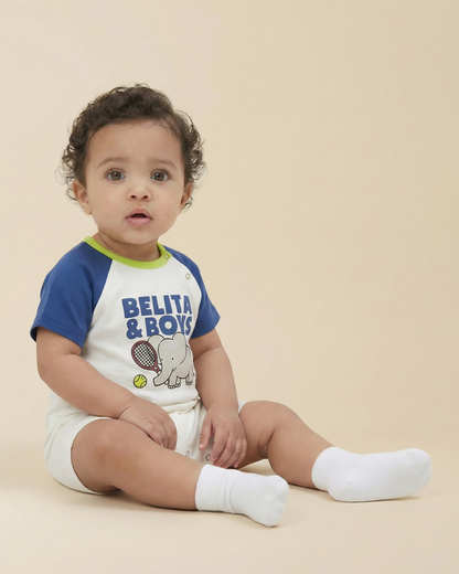 BABY Blue Elephant Color Block Short Jumpsuit