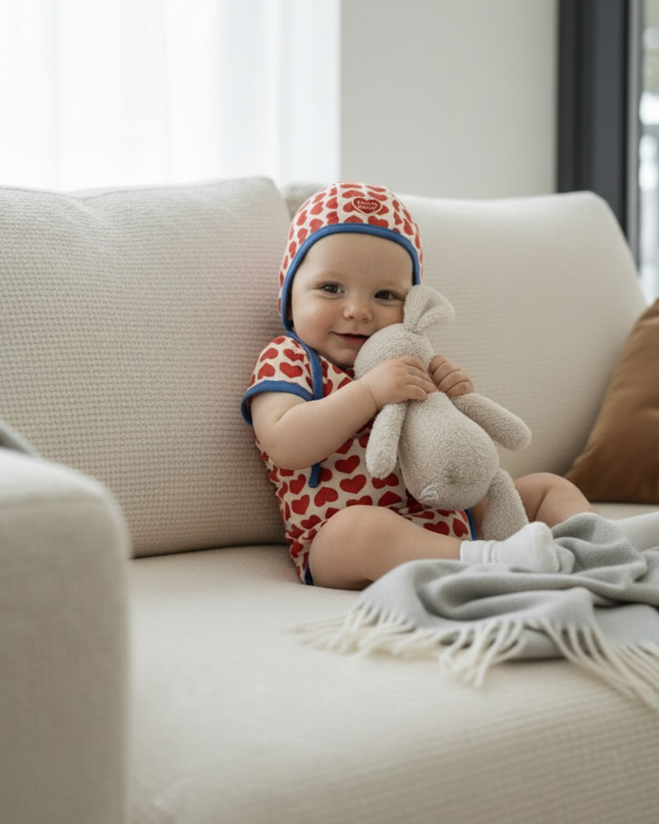 BABY Red BB Heart Pattern Bonnet