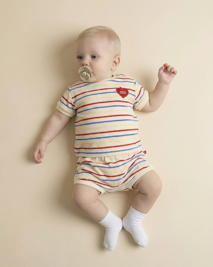 [BABY SET] Cream Bubble Apple Multi Stripe Terry Shorts