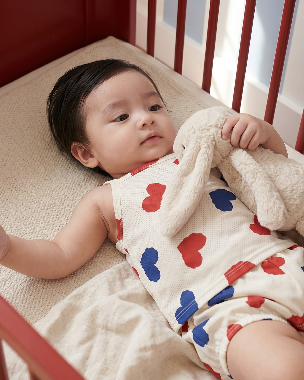 [BABY SET] Ivory Red Blue Heart Pattern Mesh Sleeveless Shorts