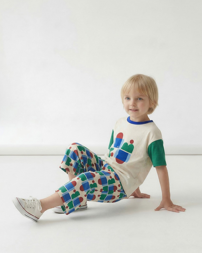 [SET] Cream BB Figure Color Block Pattern Crop