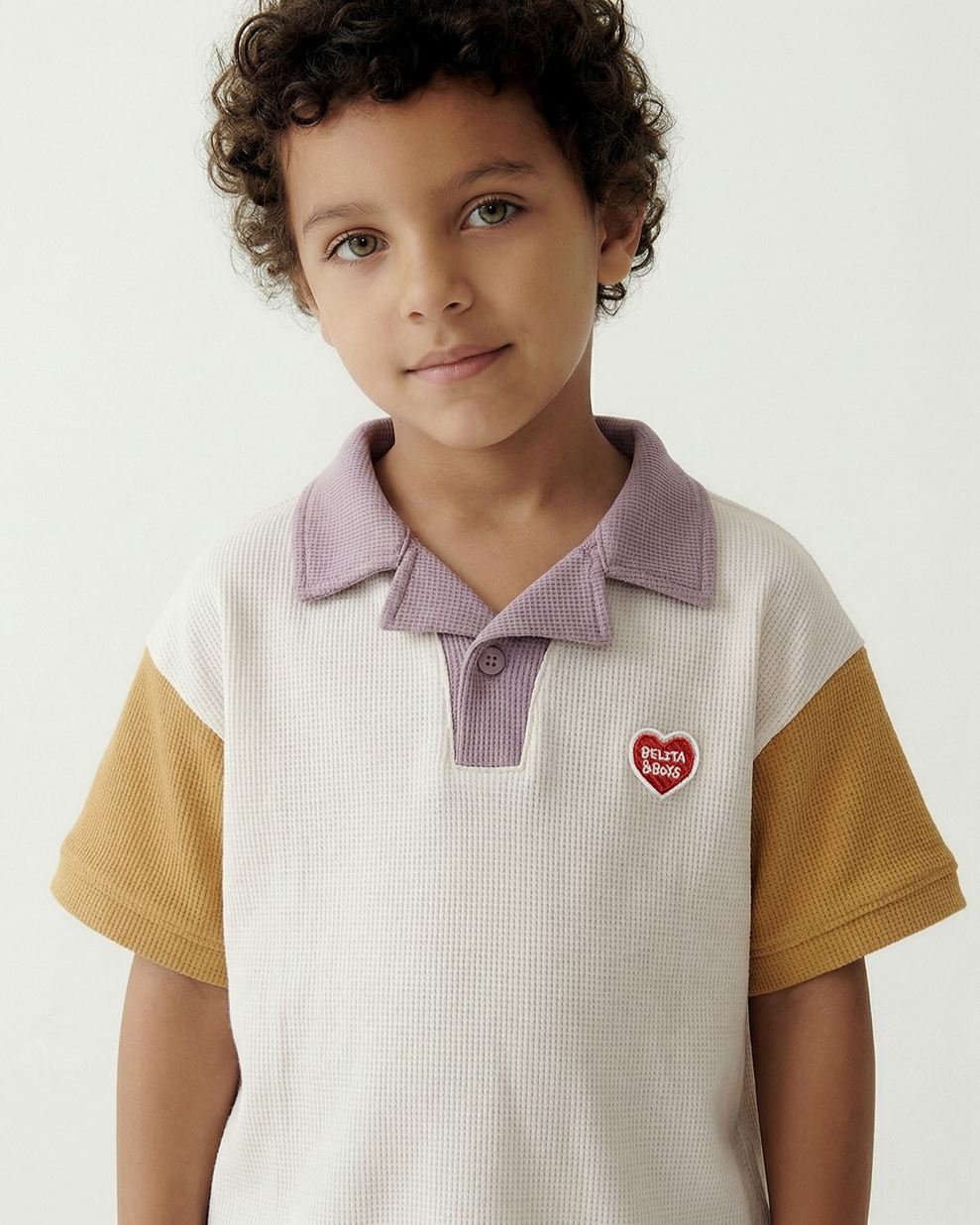 Cream BB Heart Color Block Waffle Collar Shirt
