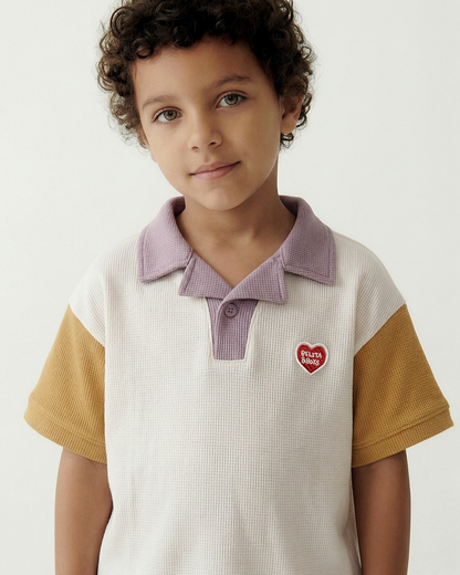 Cream BB Heart Color Block Waffle Collar Shirt