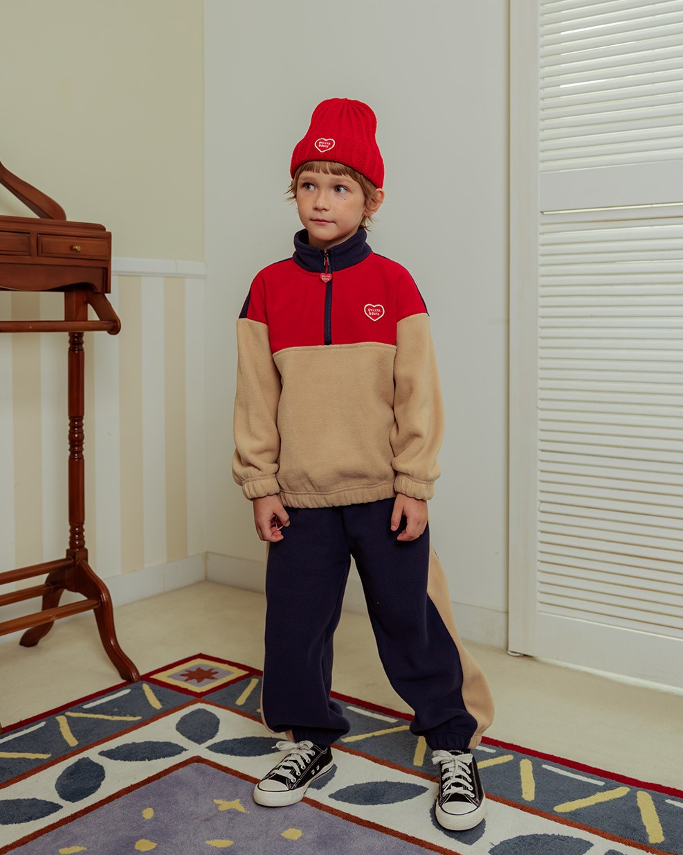 [SET] Beige BB Heart Color Block Fleece Half Zip up Jogger