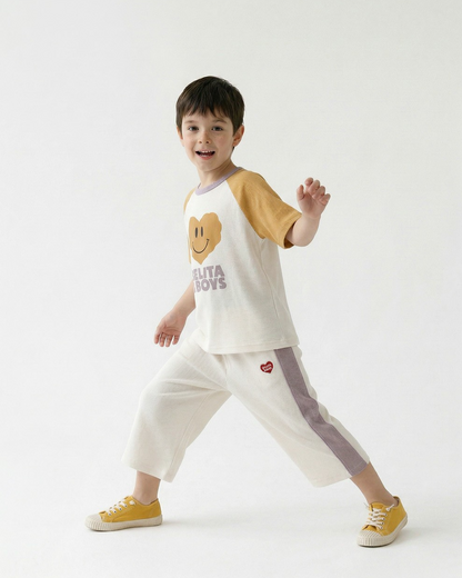 Cream BB Heart Side Line Waffle Crop Pants