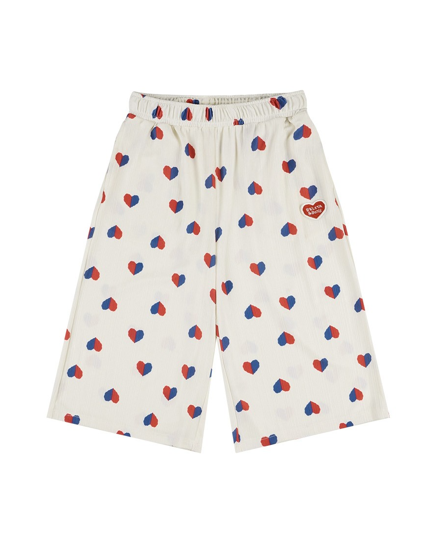 Ivory Red Blue Heart Pattern Crop Pants