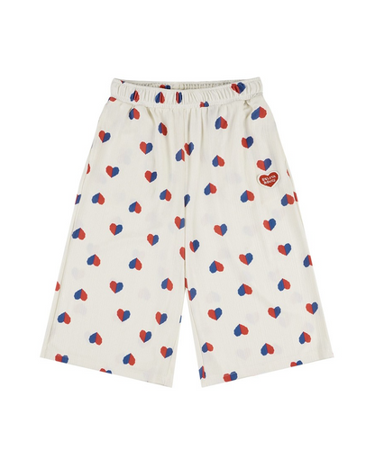 Ivory Red Blue Heart Pattern Crop Pants