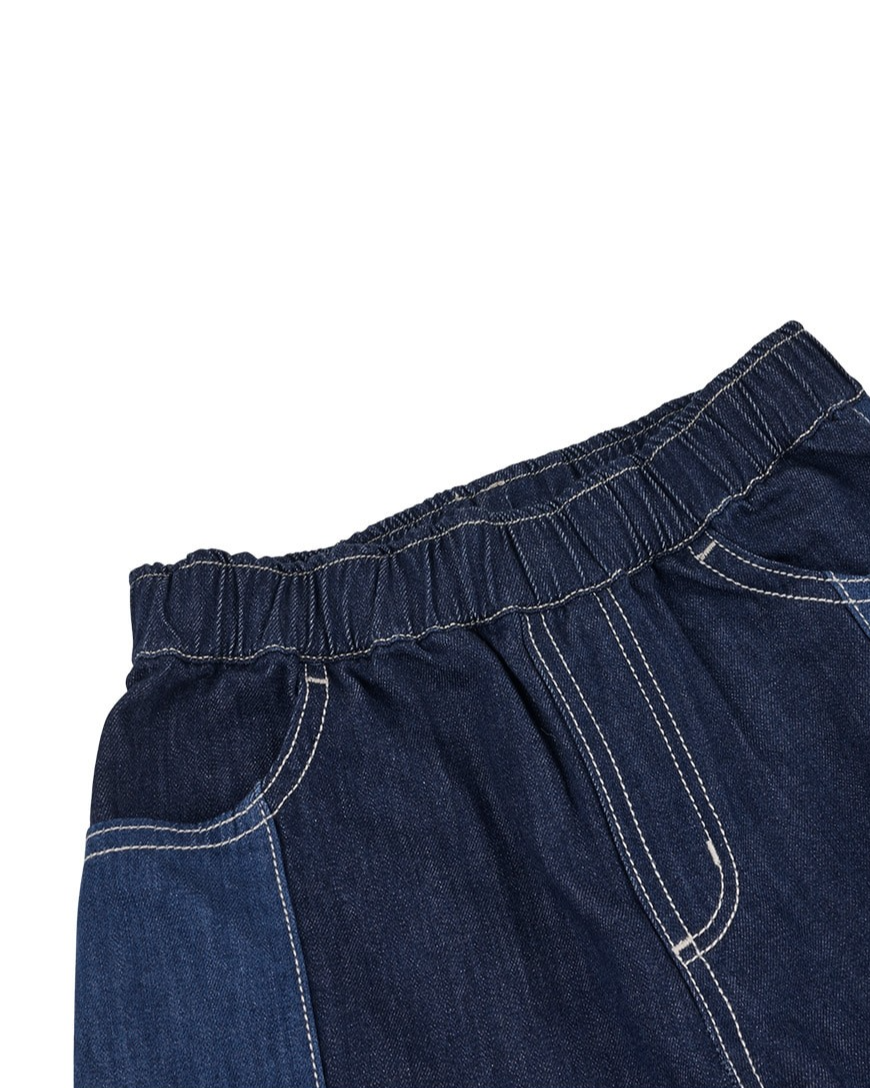 Dark Blue Color Block Denim Shorts