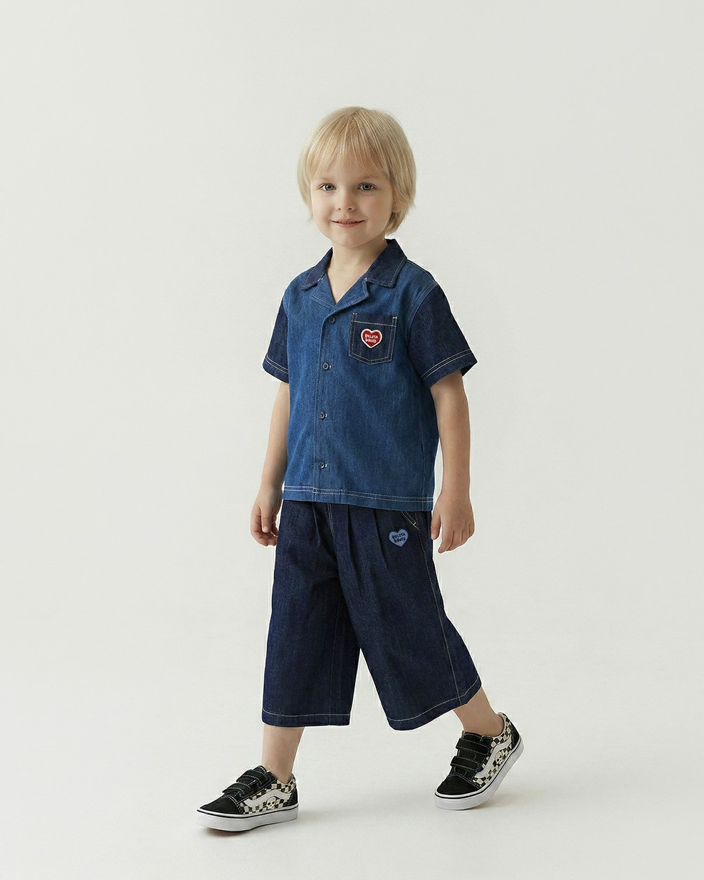 Navy BB Heart Two-Pleat Wide Denim Bermuda Pants