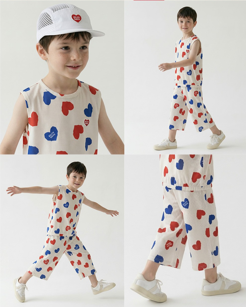 [SET] Ivory Red Blue Heart Pattern Mesh Sleeveless Crop