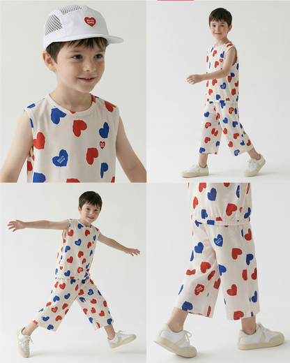 [SET] Ivory Red Blue Heart Pattern Mesh Sleeveless Crop