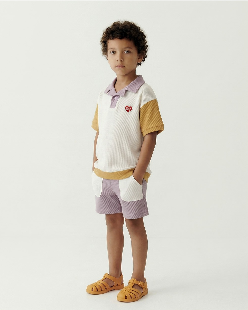 Cream BB Heart Color Block Waffle Collar Shirt