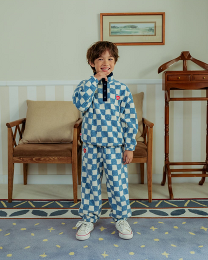 [SET] Light Blue Checkerboard Fleece High Neck Jogger