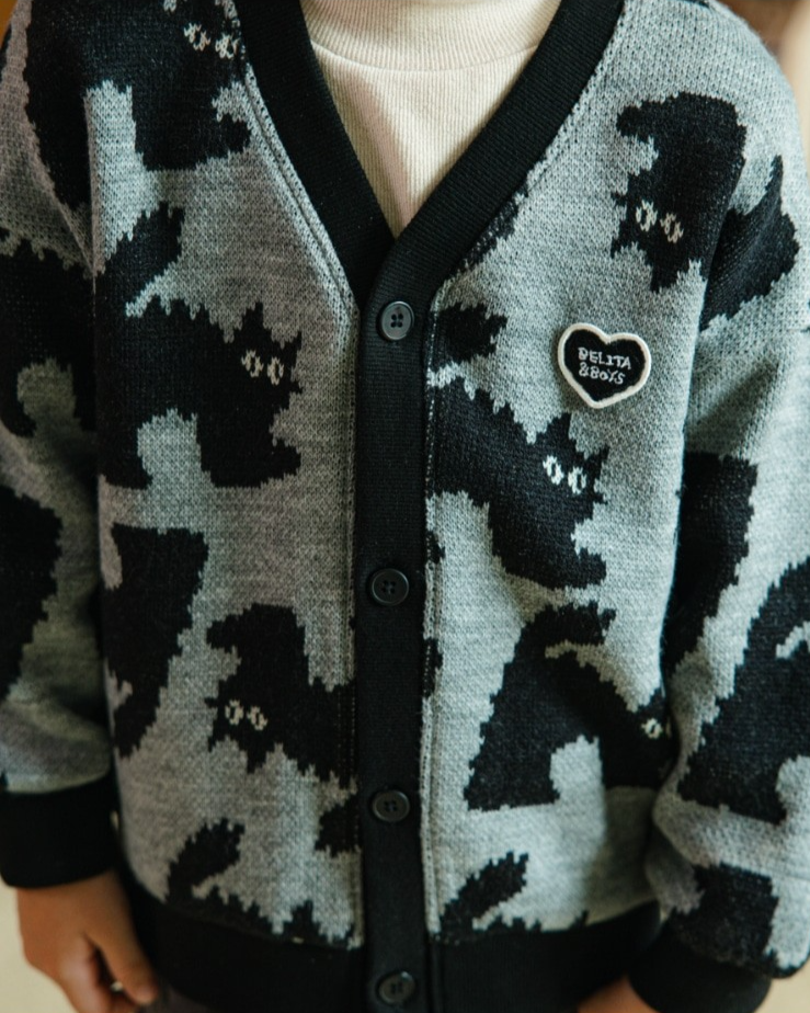 Grey Cat Pattern Knit Cardigan