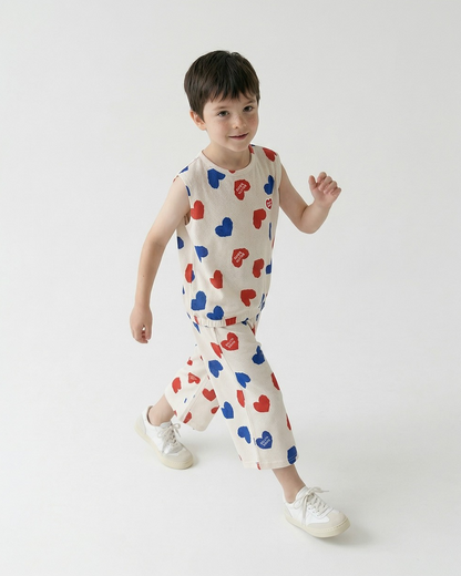 [SET] Ivory Red Blue Heart Pattern Mesh Sleeveless Crop