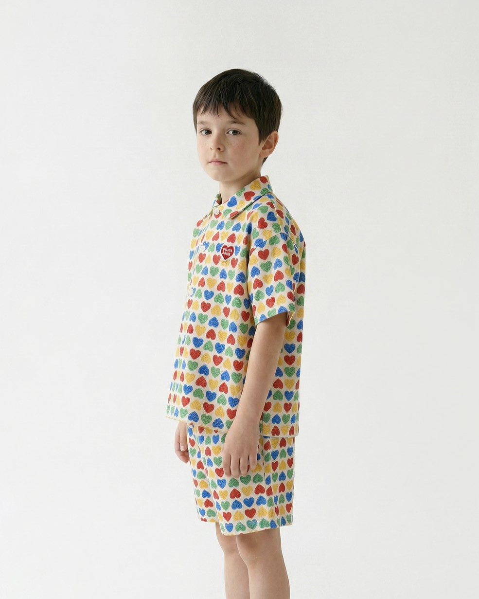 [SET] Cream Rainbow Heart Polysucker Shirt & Shorts
