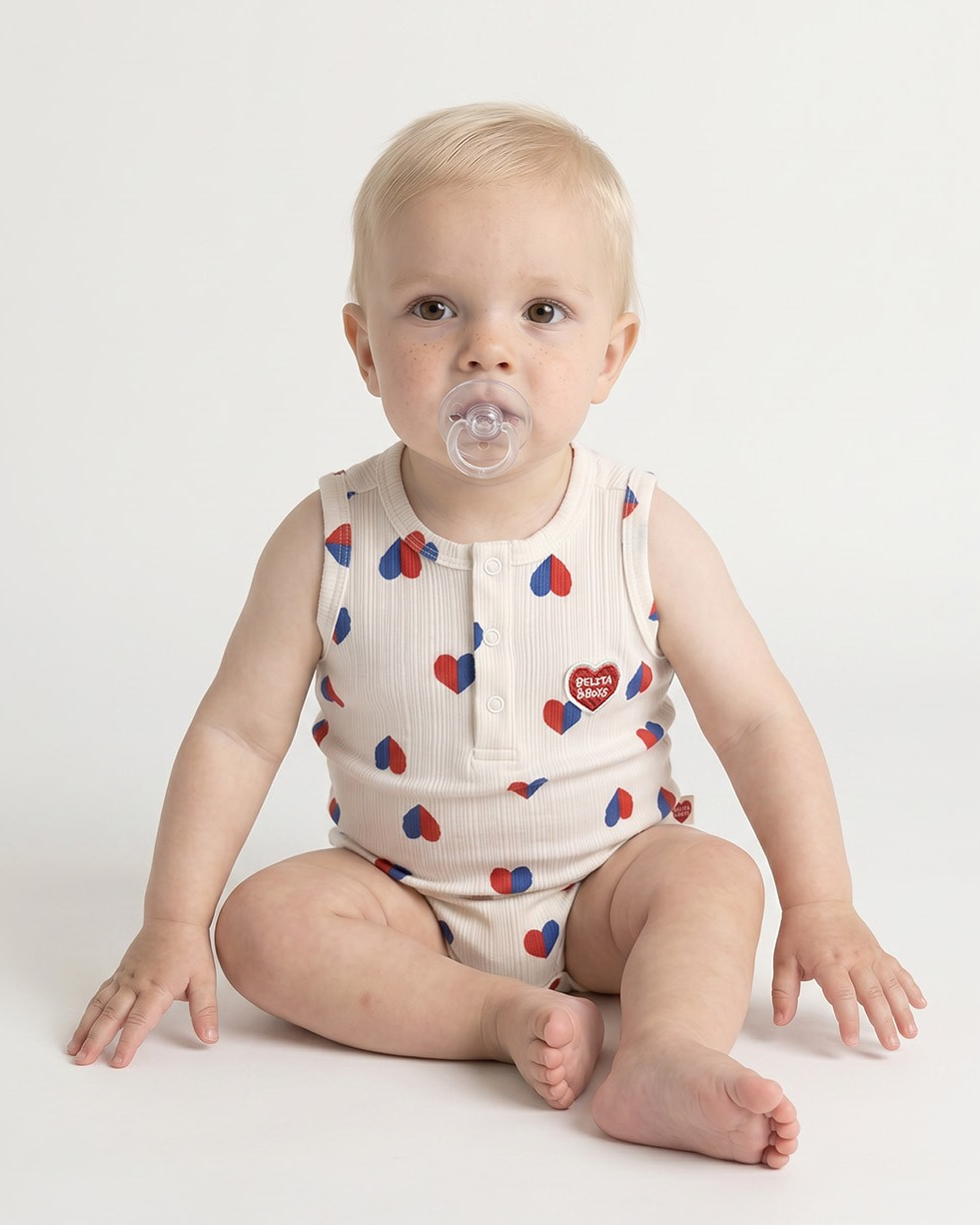 BABY Ivory Red Blue Heart Pattern Sleeveless Bodysuit