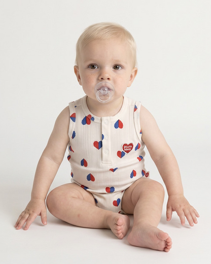 BABY Ivory Red Blue Heart Pattern Sleeveless Bodysuit