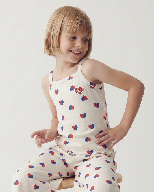 Ivory Red Blue Heart Pattern Crop Pants