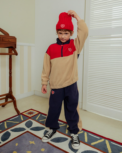 [SET] Beige BB Heart Color Block Fleece Half Zip up Jogger