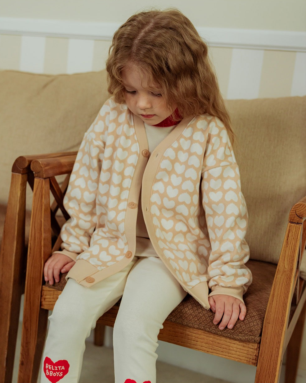 Beige Grid BB Heart Pattern Knit Cardigan