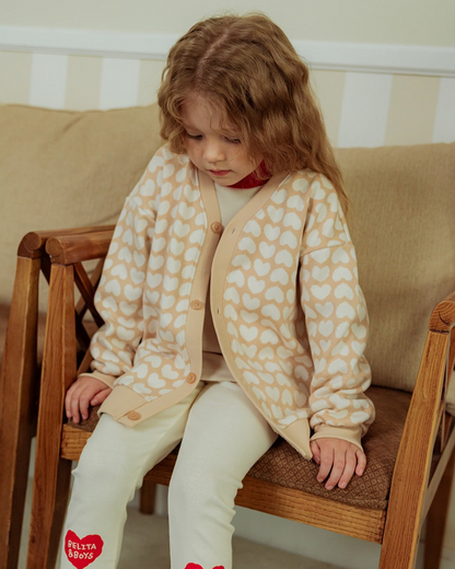 Beige Grid BB Heart Pattern Knit Cardigan