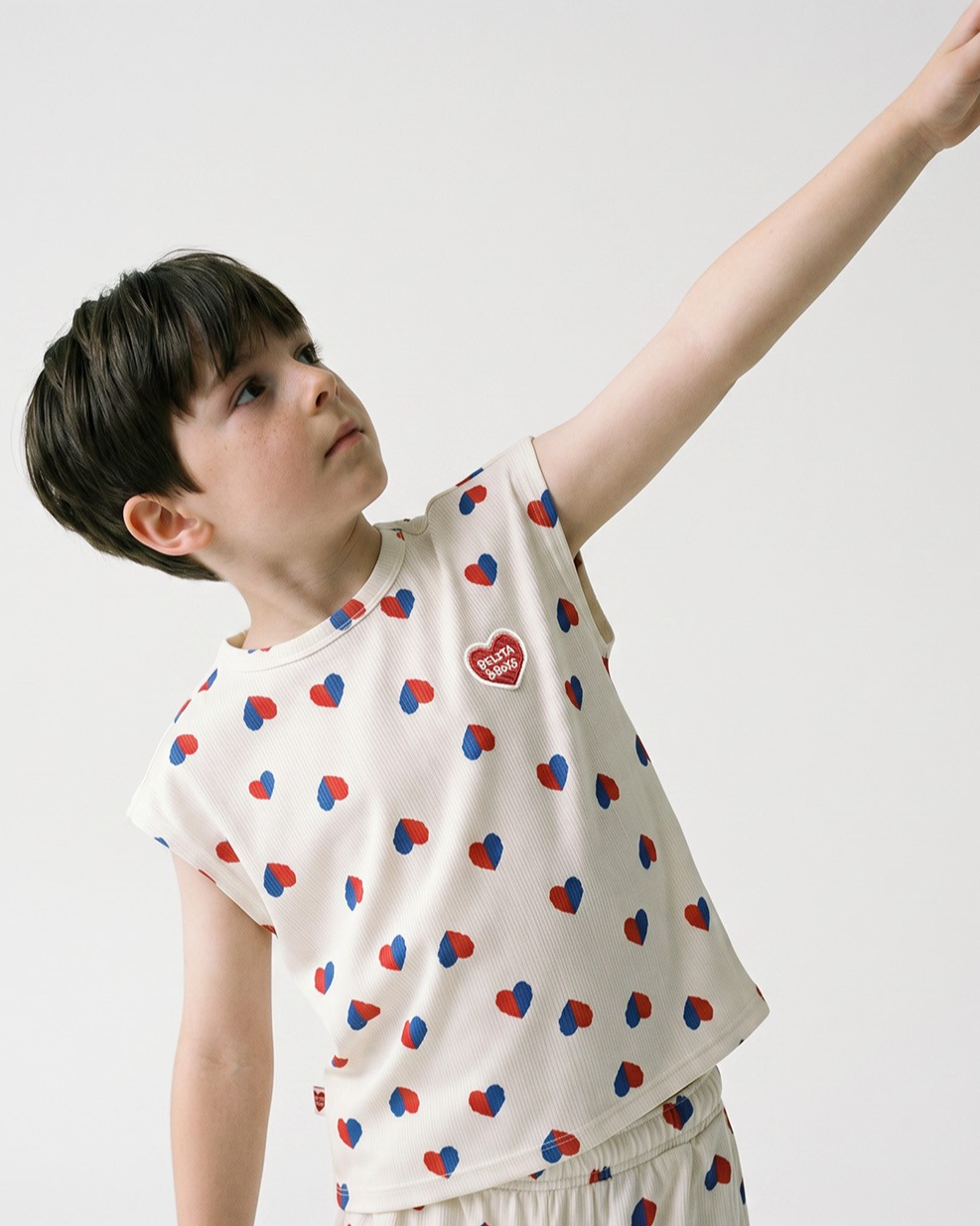 Ivory Red Blue Heart Pattern Short Sleeve