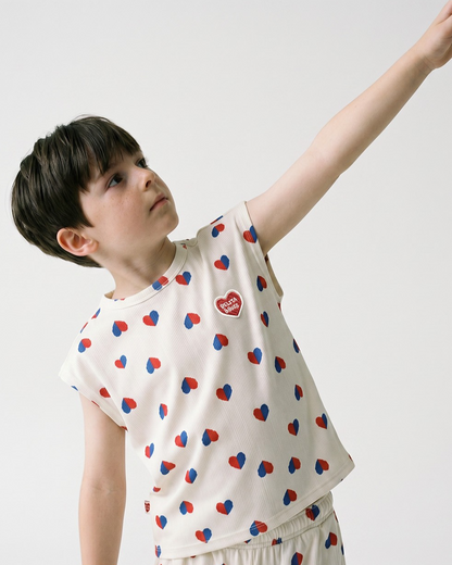 Ivory Red Blue Heart Pattern Short Sleeve