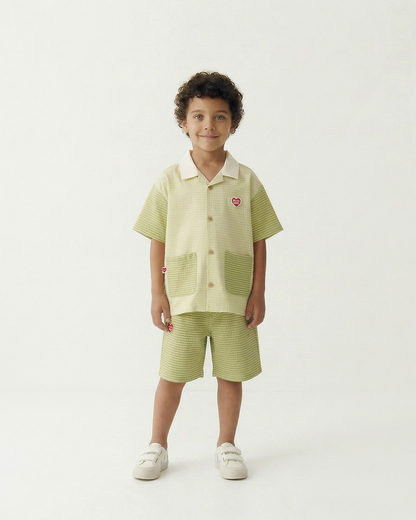 [SET] Green Color Block Polysucker Shirt & Shorts