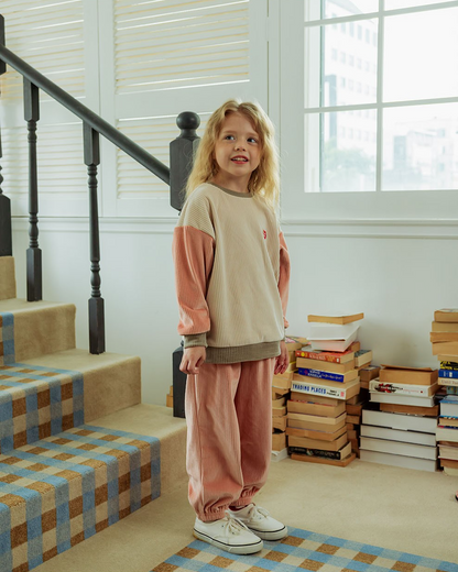 [SET] Beige BB Heart Color Block Velour Jogger