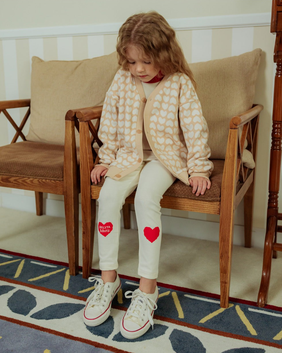 Beige Grid BB Heart Pattern Knit Cardigan