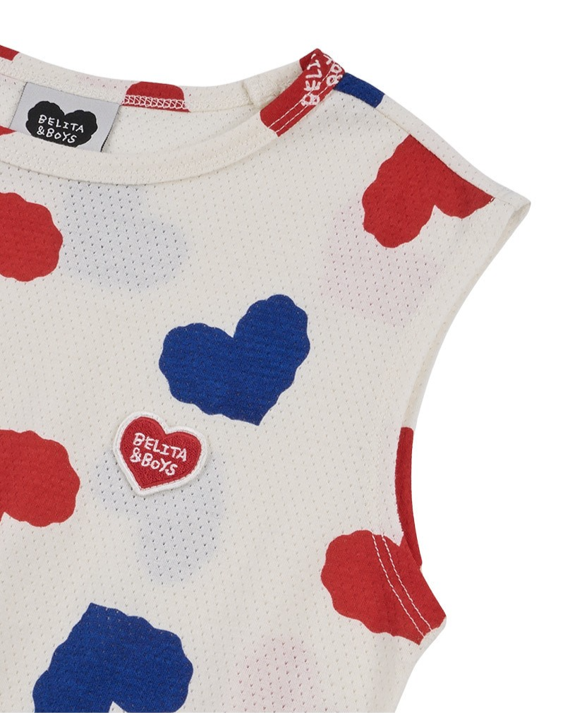 [SET] Ivory Red Blue Heart Pattern Mesh Sleeveless Crop