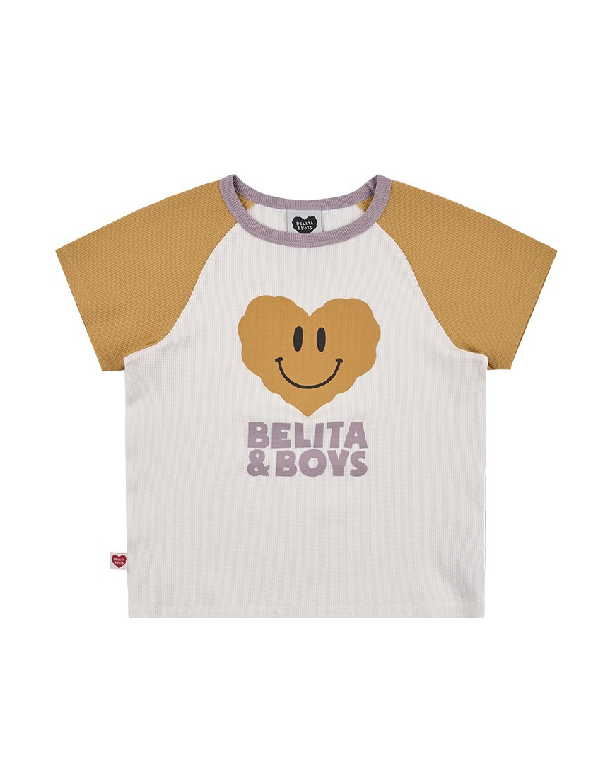 Cream Smile Heart Color Block Waffle Short Sleeve
