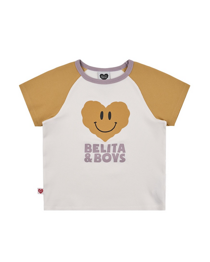 Cream Smile Heart Color Block Waffle Short Sleeve