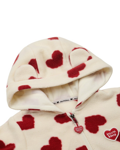 BABY Red BB Heart Pattern Fleece Hooded Jumpsuit