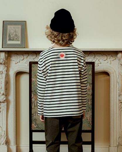 Black Stripe BB Heart Boat Neck Long Sleeve