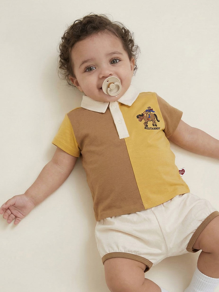 [BABY SET] Yellow Cowboy Half Color Block Collar Shirt & Shorts