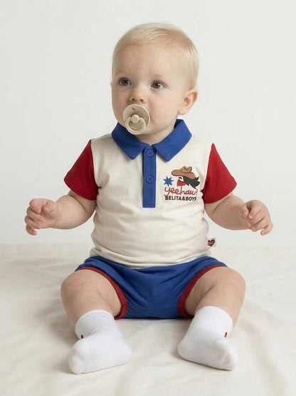 [BABY SET] Cream Cowboy Color Block Collar Shirt & Shorts