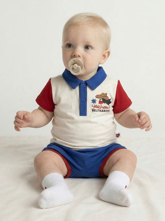 [BABY SET] Cream Cowboy Color Block Collar Shirt & Shorts