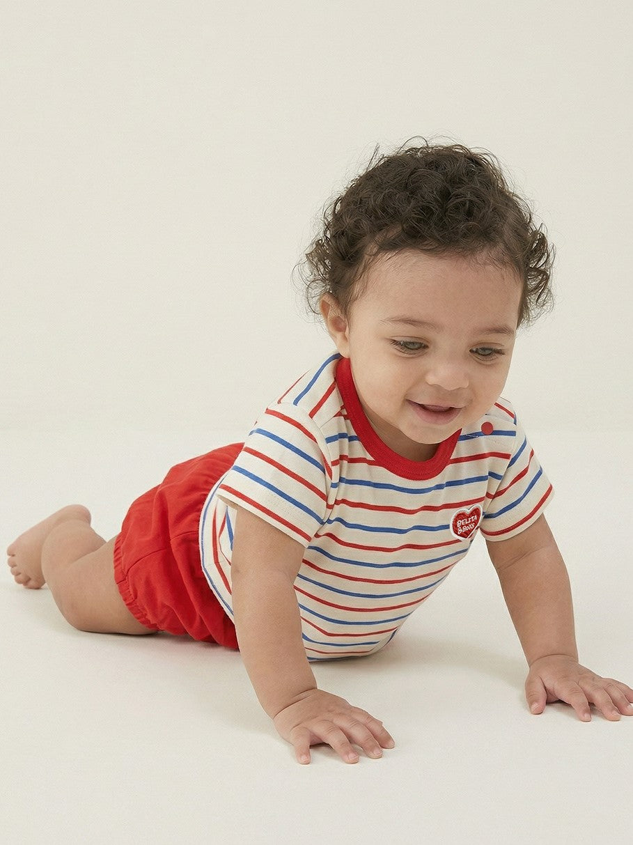 [BABY SET] Red BB Heart Multi Stripe Shorts