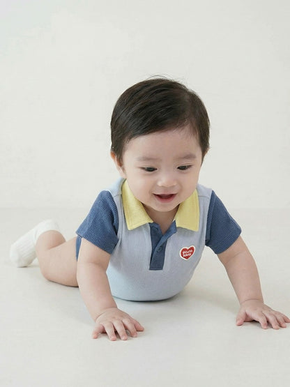 BABY Light Blue BB Heart Color Block Waffle Short Collar Bodysuit